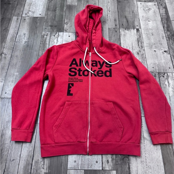 Dutch Bros Always Stoked Red Full Zip Hoodie Sweatshirt Red Unisex - Picture 1 of 6